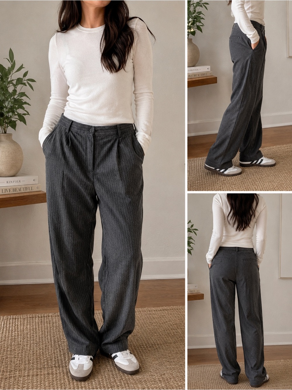 Charcoal Pinstripe Wide-Leg Trousers by